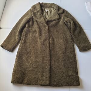 Rachel Zoe Coat Womens Large Green Teddy Fleece Faux Shearling Mid Length Cozy
